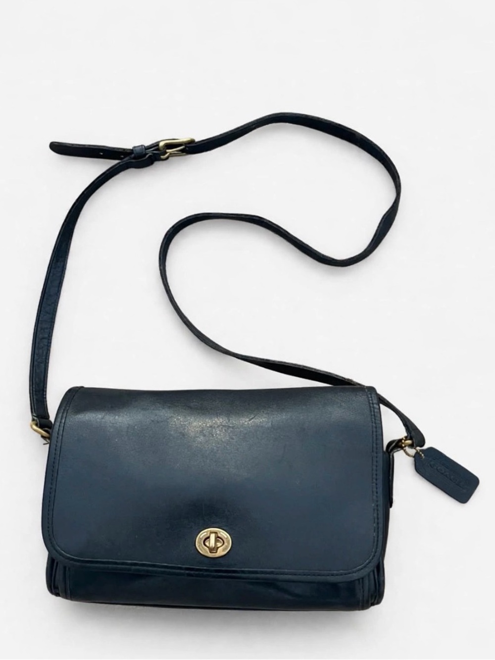 VINTAGE COACH Black Leather City Bag Crossbody Messenger Flap 9912 Made in USA